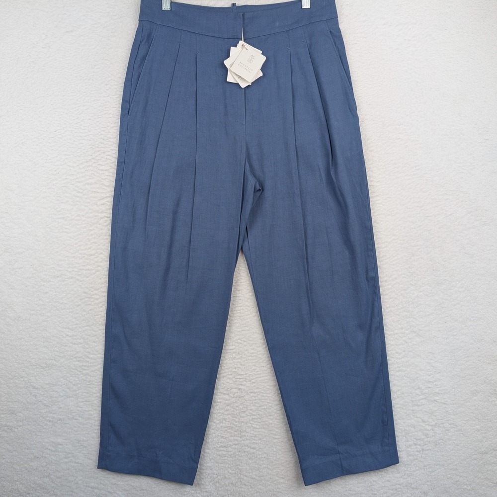 NWT Brunello Cucinelli Womens Twill Trousers Blue Size US 8 Wide Leg Linen Blend
